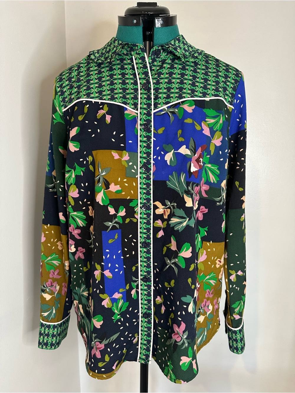 CAbi Green Multi Floral Patchwork Button-Up shirt